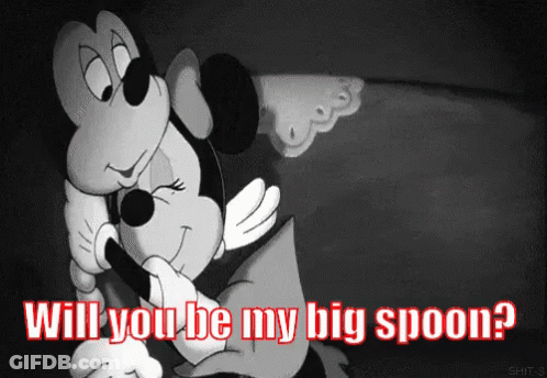 A Black And White Cartoon Of Mickey Mouse And Minnie Mouse Hugging With The Words Will You Be My Big Spoon GIF