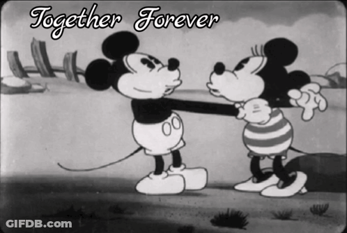 A Black And White Cartoon Of Mickey Mouse And Minnie Mouse With The Words Together Forever Above Them GIF