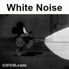 A Black And White Cartoon Of Mickey Mouse Holding A Flashlight With The Words White Noise Above Him . GIF