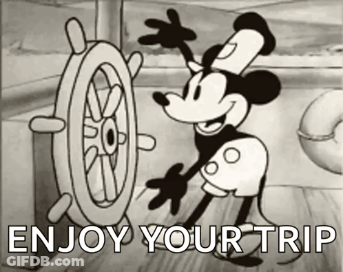 A Black And White Cartoon Of Mickey Mouse Steering A Boat GIF