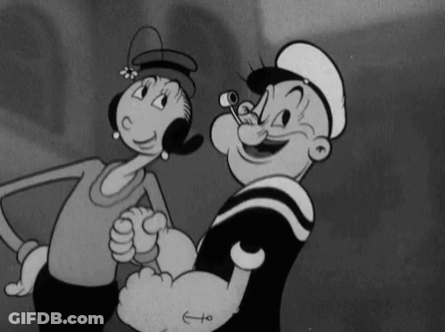 A Black And White Cartoon Of Popeye And A Woman Standing Next To Each Other GIF