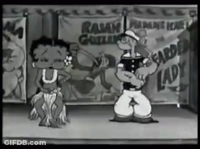 A Black And White Cartoon Of Popeye And Betty Boop Dancing Hula On A Stage . GIF