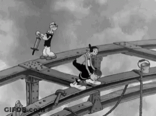 A Black And White Cartoon Of Popeye And Oliver Standing On A Bridge . GIF