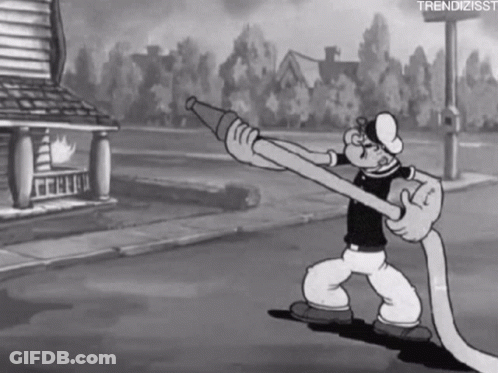 A Black And White Cartoon Of Popeye Holding A Large Fire Hose GIF