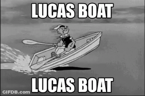 A Black And White Cartoon Of Popeye In A Boat With The Caption " Lucas Boat Lucas Boat " GIF