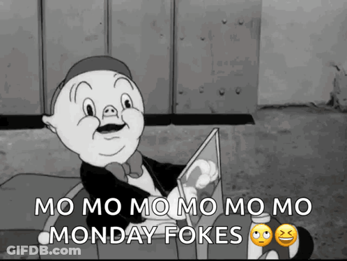 A Black And White Cartoon Of Porky Pig Holding A Book That Says Monday Fokes GIF