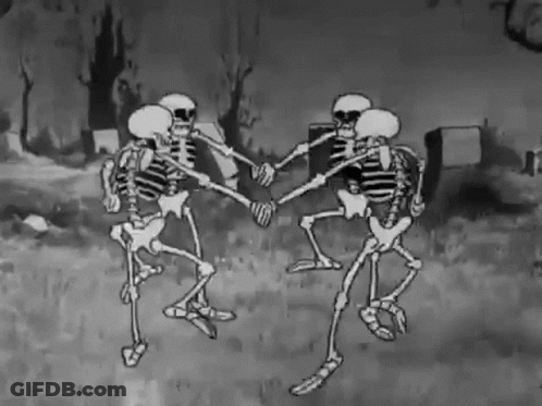 A Black And White Cartoon Of Skeletons Dancing In A Cemetery . GIF