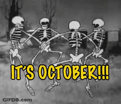 A Black And White Cartoon Of Skeletons Dancing With The Words `` It 'S October '' . GIF