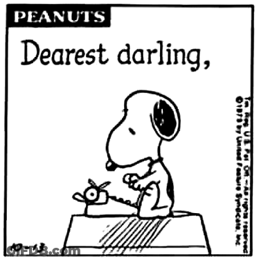 A Black And White Cartoon Of Snoopy Talking On A Phone With The Words Dearest Darling GIF