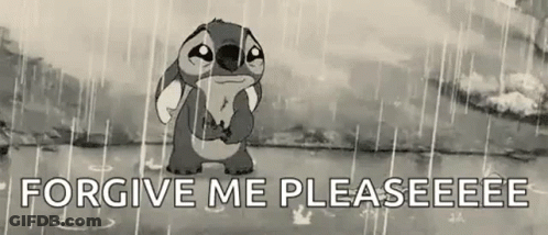 A Black And White Cartoon Of Stitch Crying In The Rain With The Words `` Forgive Me Pleaseeee '' . GIF
