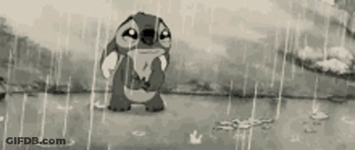A Black And White Cartoon Of Stitch Crying In The Rain GIF