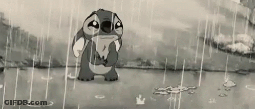 A Black And White Cartoon Of Stitch Standing In The Rain Holding A Fish . GIF