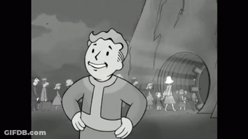 A Black And White Cartoon Of Vault Boy Standing In Front Of A Group Of People GIF