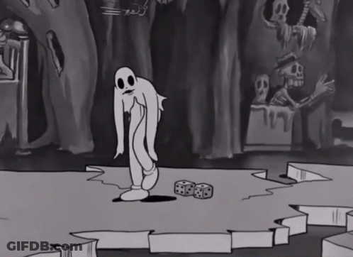 A Black And White Cartoon Shows A Ghost Standing Next To Two Dice GIF