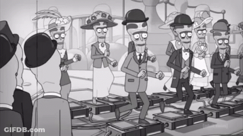 A Black And White Cartoon Shows A Group Of Skeletons In Suits And Hats Dancing GIF