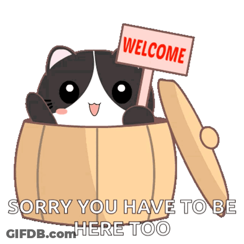 A Black And White Cat Is Holding A Welcome Sign GIF
