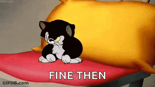 A Black And White Cat Is Sitting On A Pillow With The Words `` Fine Then '' Written Below It . GIF