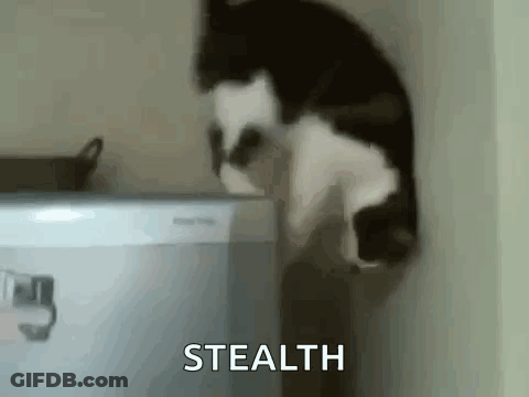 A Black And White Cat Is Standing On Its Hind Legs Next To A Dishwasher And The Word Stealth Is Visible . GIF