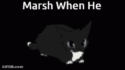 A Black And White Cat Is Walking In The Dark With The Words `` Marsh When He '' . GIF