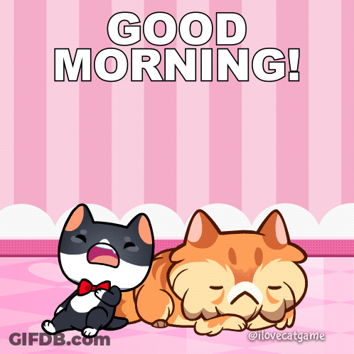 A Black And White Cat Sitting Next To A Sleeping Cat With The Words " Good Morning " Above Them GIF