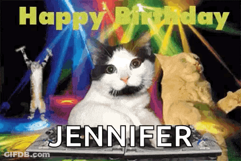 A Black And White Cat Sitting On Top Of A Laptop With The Name Jennifer Written Below It GIF