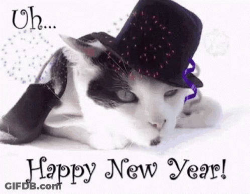 A Black And White Cat Wearing A Top Hat And Tie On A New Year 'S Greeting Card . GIF
