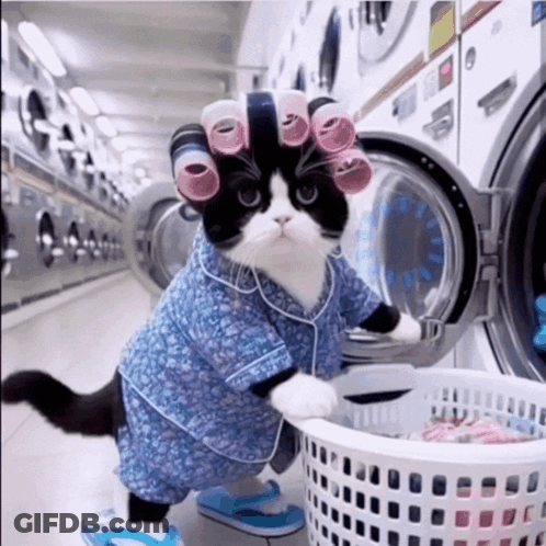 A Black And White Cat Wearing Curlers Is Standing Next To A Laundry Basket In A Laundromat GIF