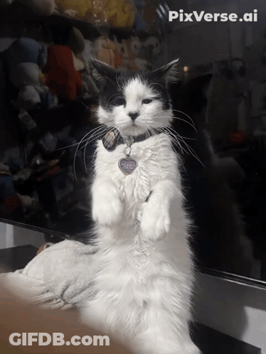 A Black And White Cat With A Collar And A Tag That Says ' Pixverse.ai ' On The Bottom GIF