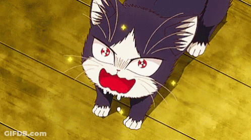 A Black And White Cat With Red Eyes Is Looking Up At Something GIF