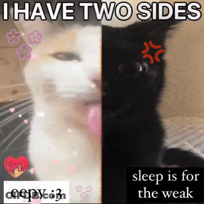 A Black And White Cat With The Words " I Have Two Sides Sleep Is For The Weak " GIF