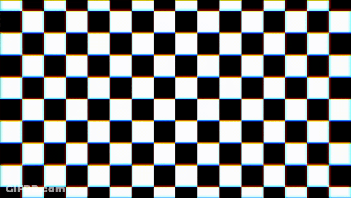 A Black And White Checkered Pattern With A Rainbow Colored Background GIF