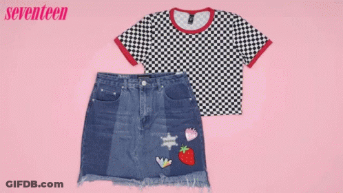 A Black And White Checkered Shirt And A Blue Denim Skirt Are On A Pink Background GIF