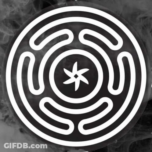 A Black And White Circular Symbol With A Star In The Center GIF