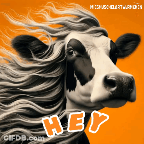 A Black And White Cow With Long Hair Says Hey On A Orange Background GIF