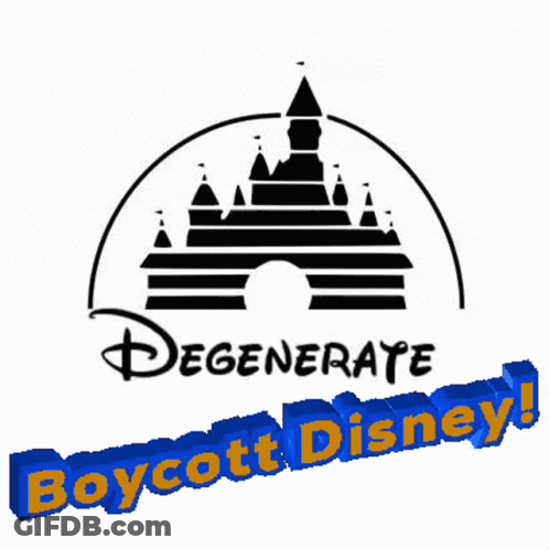 A Black And White Disney Logo With The Words Degenerate Boycott Disney Below It GIF