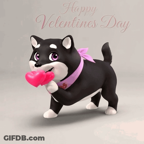 A Black And White Dog Holding A Pink Heart In Its Mouth GIF