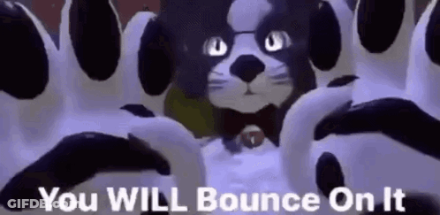 A Black And White Dog With Glasses And A Bow Tie Is Being Bounced On By A Person 'S Feet . GIF