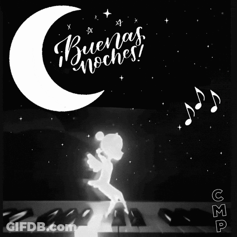 A Black And White Drawing Of A Ballerina And The Words " Buenas Noches " In White Letters GIF