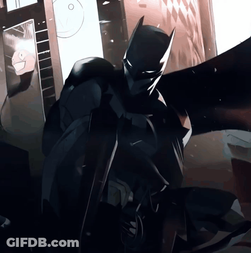 A Black And White Drawing Of A Batman Standing In A Room GIF
