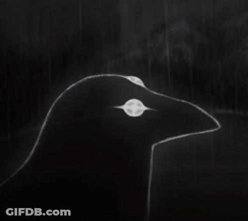 A Black And White Drawing Of A Bird 'S Head With A Light In Its Eyes . GIF