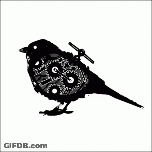 A Black And White Drawing Of A Bird With Gears On It 'S Body GIF