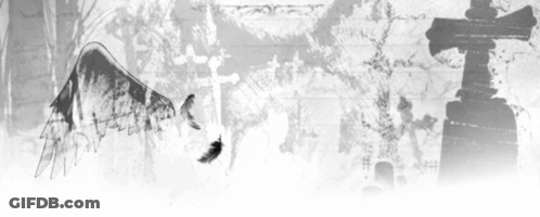 A Black And White Drawing Of A Bird With Wings And A Feather Flying In Front Of A Cross . GIF