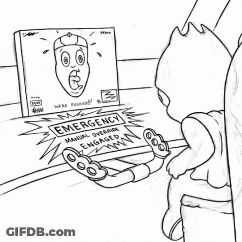 A Black And White Drawing Of A Box That Says Emergency Manual Override Engaged GIF