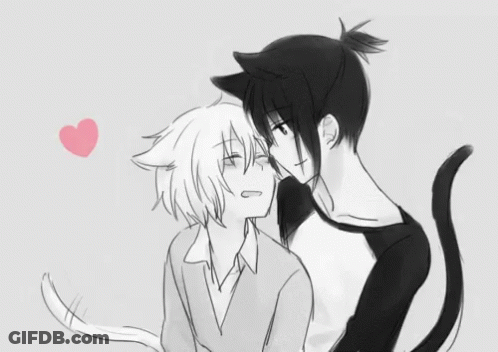 Black And White Drawing Of Boy And Cat With Heart GIF
