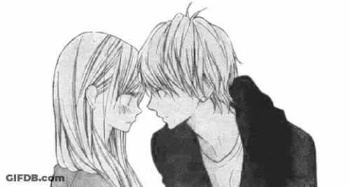 A Black And White Drawing Of A Boy And A Girl Kissing Each Other . GIF
