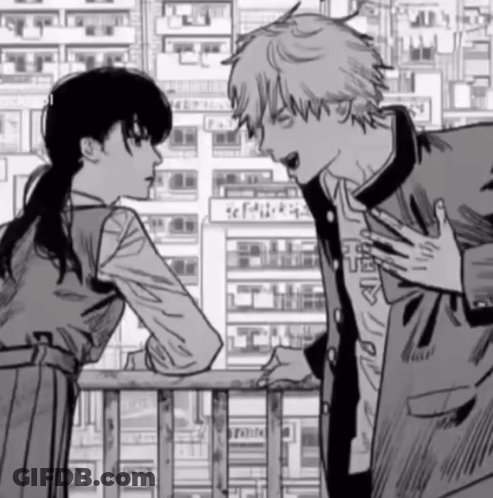 A Black And White Drawing Of A Boy And A Girl Standing Next To Each Other GIF