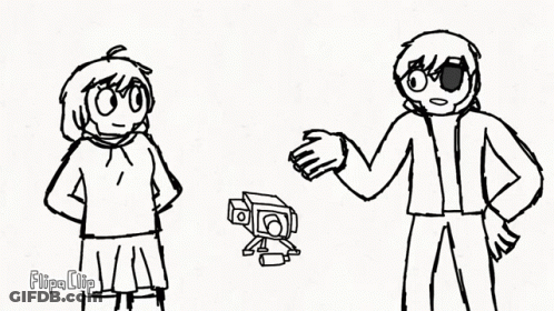 A Black And White Drawing Of A Boy And A Girl Standing Next To Each Other And A Robot . GIF