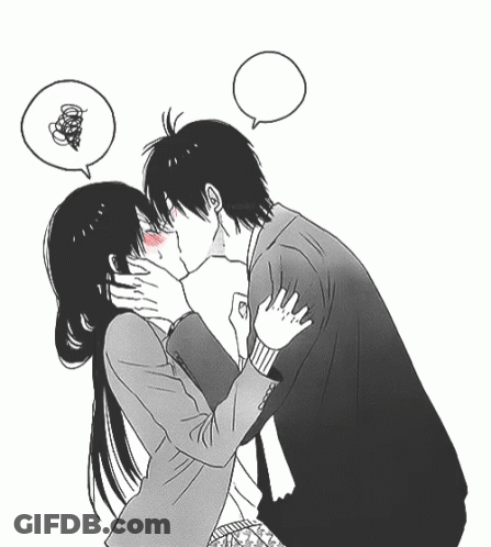 A Black And White Drawing Of A Boy And Girl Kissing GIF