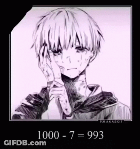 A Black And White Drawing Of A Boy Crying With The Number 1000 - 7 = 993 . GIF