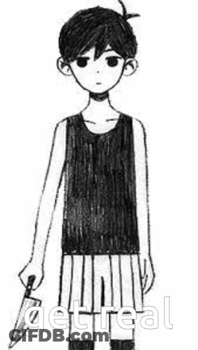 A Black And White Drawing Of A Boy Holding A Knife With The Words `` Get Real '' Written Below Him . GIF